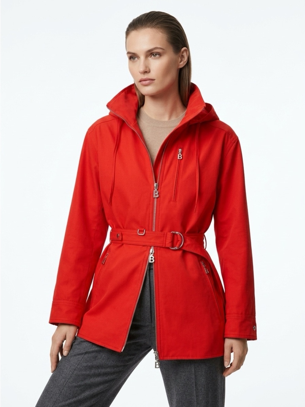 Bogner Hooded Utility Jacket Belted Cotton Blend Red 12